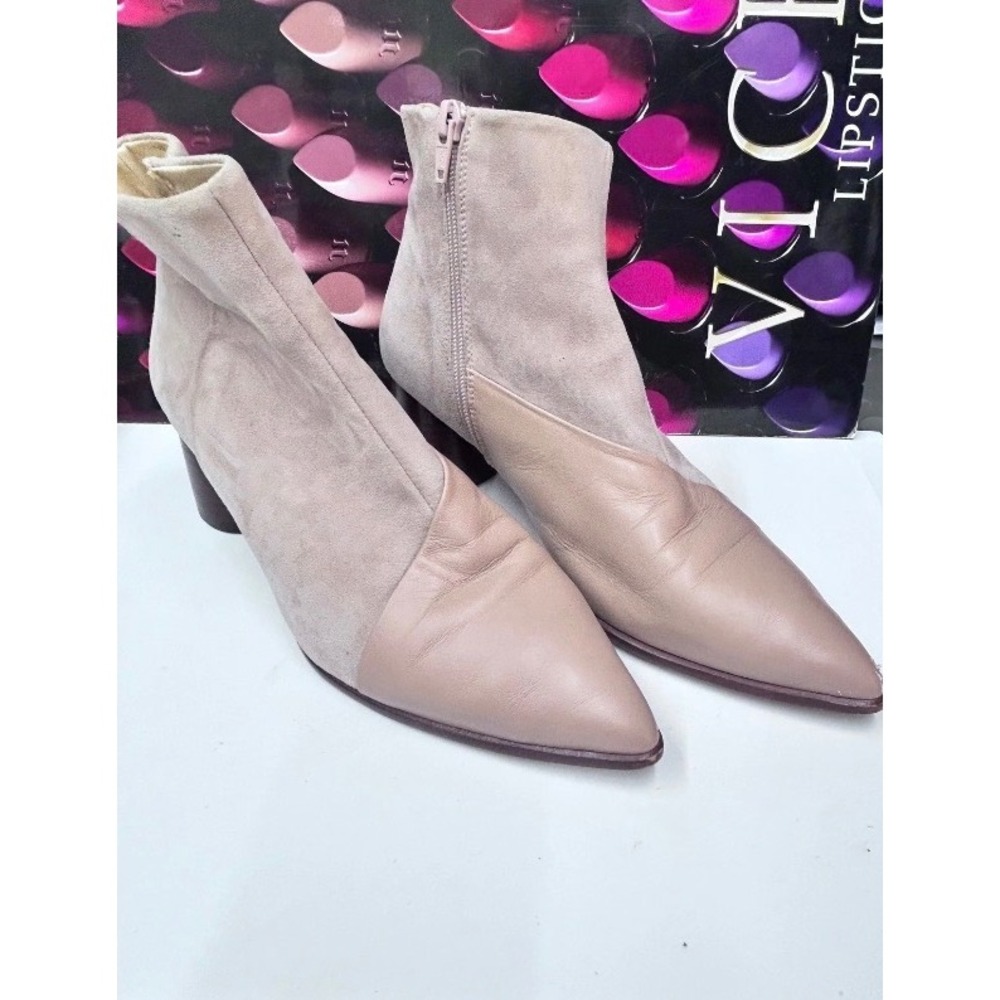 Anthropologie A/ Ankle Boots Nude Leather Suede Pointed Toe Block Heel Spain 37